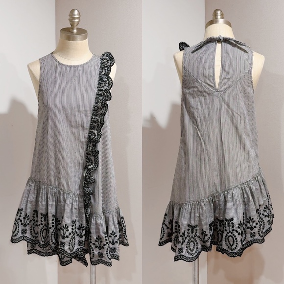 BP. Women's Black White Striped Embroidered Floral Ruffle Mini Dress Size XS - Picture 5 of 7